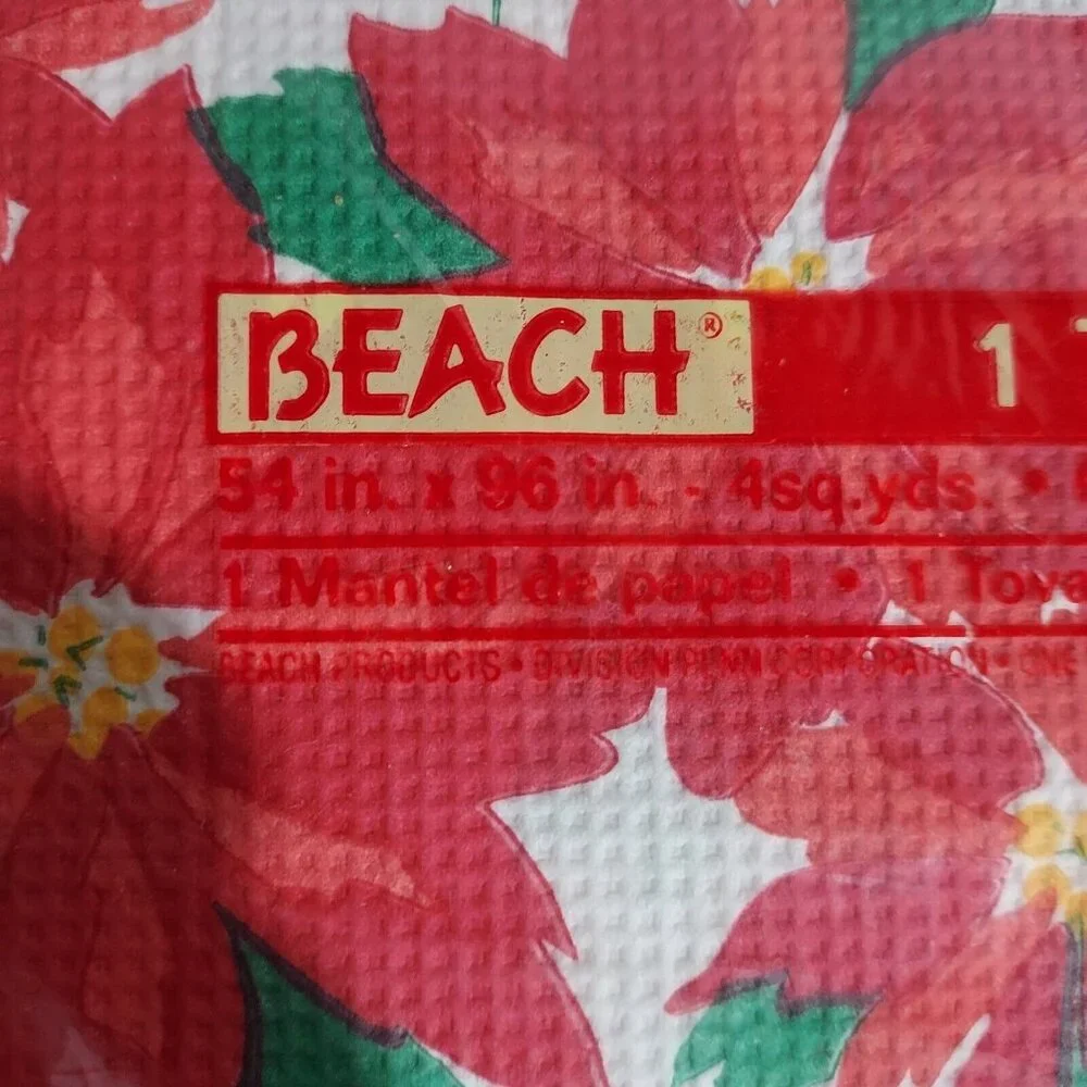 Table Cover Poinsette Paper  51" x 96" Plastic Back New Vintage Beach Brand - Picture 5 of 7